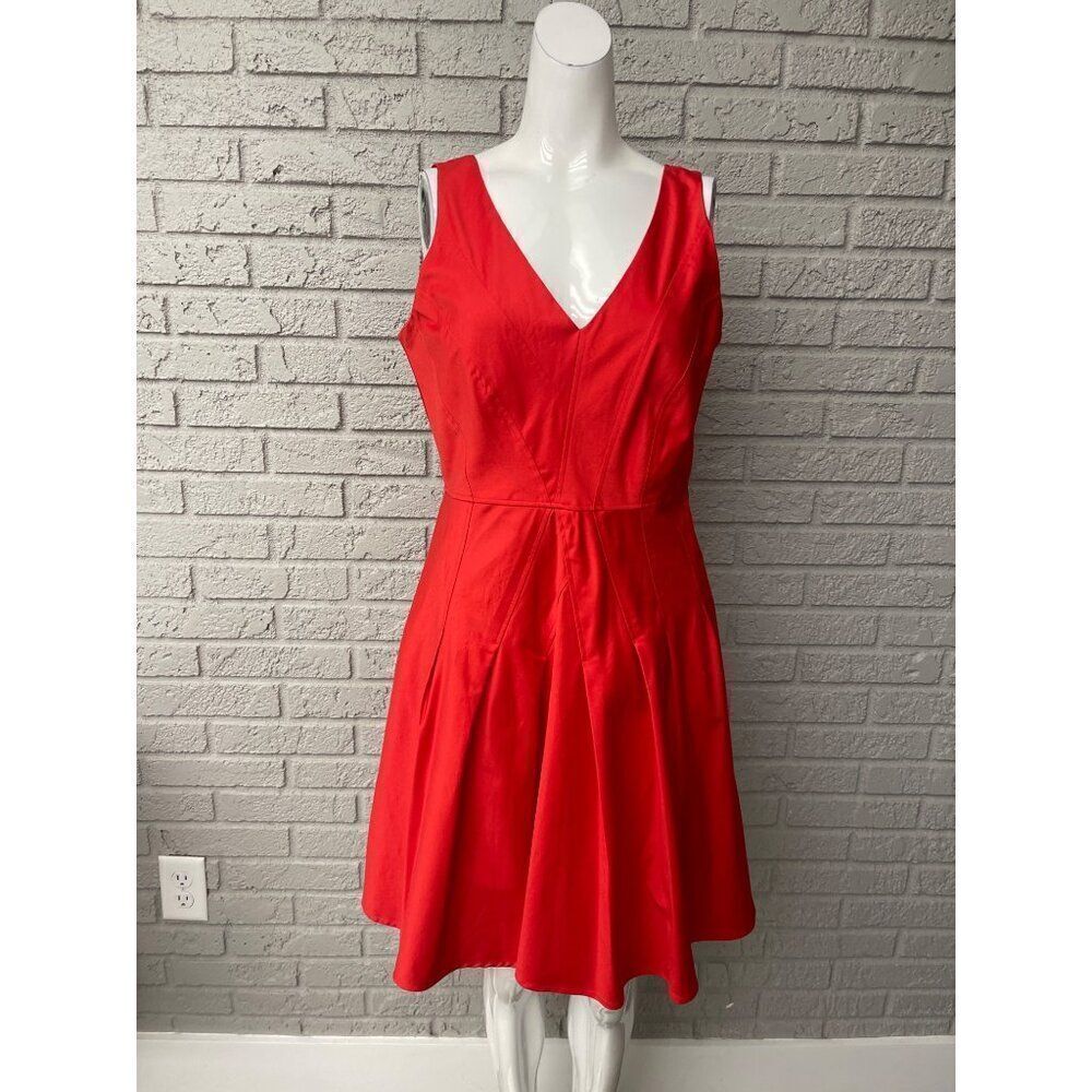 Calvin Klein Women Red V Neck Pleaded Fit & Flare Dress Size 8